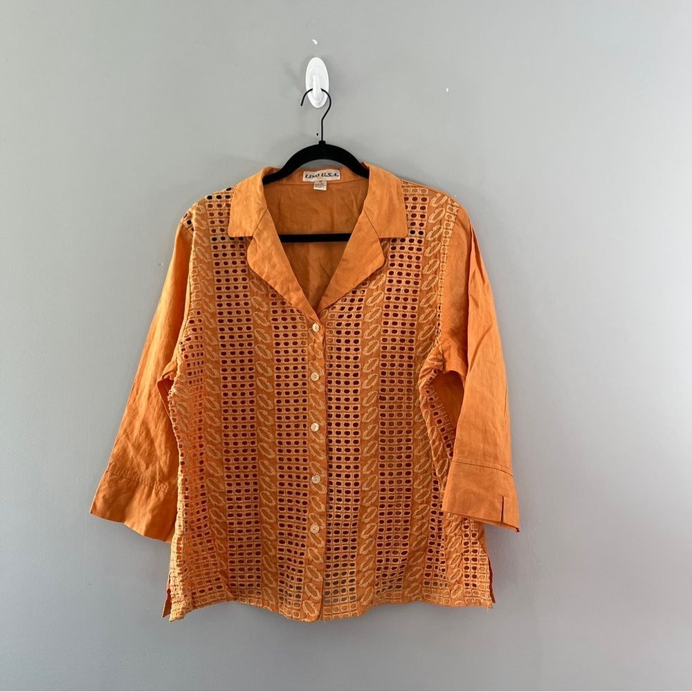 Lino USA Orange Linen Button Up Shirt Colorful Lightweight Womens Plus Size 1X